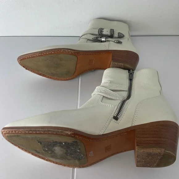 FRYE Ellen Buckle Bootie White Leather Ankle Boots with Silver Hardware - Picture 6 of 8